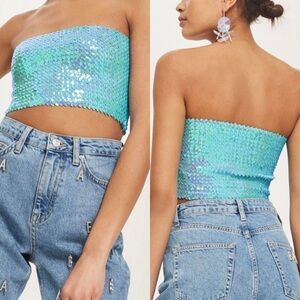 TOPSHOP BLUE TEAL SEQUINNED TUBE TOP SIZE LARGE